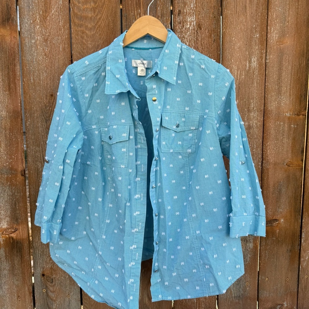 CJ Banks Women’s Teal Blue Patterned 3/4 Sleeve Button Down Shirt Size XL